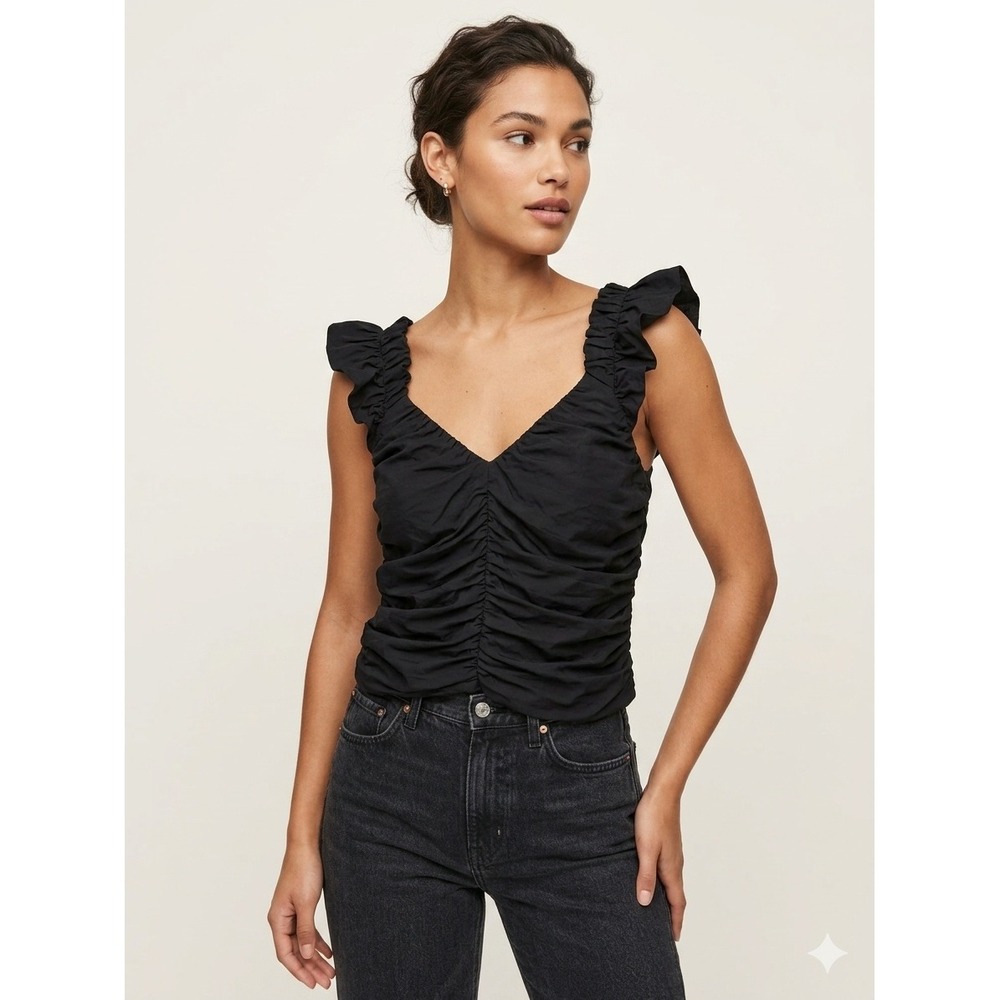 Gap Ruched Top Womens Large‎ Black SL Ruched Ruffle Smocked V-Neck Tank